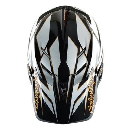 Top view of the TLD 25.1 D4 Composite Helmet (MIPS) in Ghostwing White, showcasing its geometric design and "Troy Lee Designs" text. Ideal for downhill BMX enthusiasts, it boasts advanced Mips® C2 technology for superior protection.