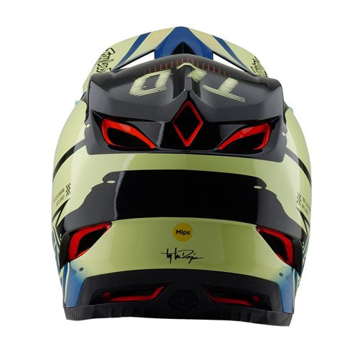 The rear view of the TLD 25.1 D4 Composite Helmet (MIPS) in Glo Yellow highlights its colorful design, red ventilation ports, and MIPS protection system logo.