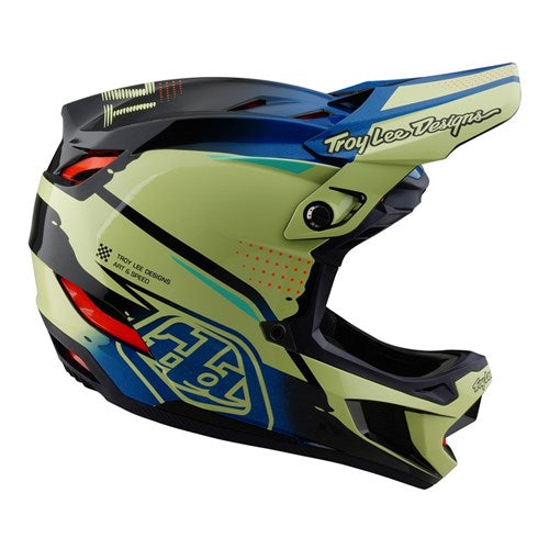 Side view of the TLD 25.1 D4 Composite Helmet (MIPS) in Glo Yellow, featuring a green, blue, and black design with the "Troy Lee Designs" logo and advanced ventilation ports for superior airflow.