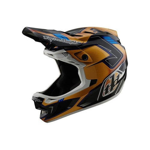 The TLD 25.1 D4 Composite Helmet (MIPS) in Royalty Black/Gold merges style and safety with its full-face motocross design and integrated MIPS protection.