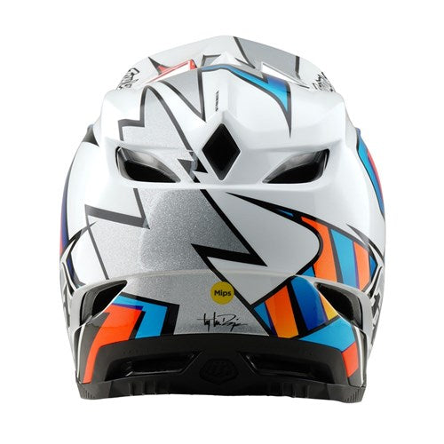 Rear view of the TLD 25.1 D4 Composite Helmet (MIPS) in White/Silver, featuring colorful geometric designs and enhanced MIPS protection for added safety.