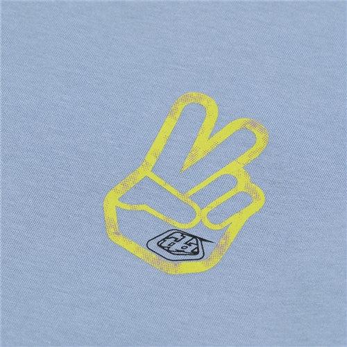 The TLD 25.1 Peace Out SS T-Shirt (Youth) showcases a legendary brand’s design with a yellow peace hand sign and number eight on a light blue background, ideal for a fresh tee.