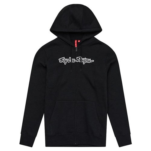 The TLD 25.1 Signature Zip Up Hoodie is a black zip-up with a sleek hood and drawstring, ideal for the cold season. It features two front pockets and "Try Le Trypa" in white cursive text across the chest.