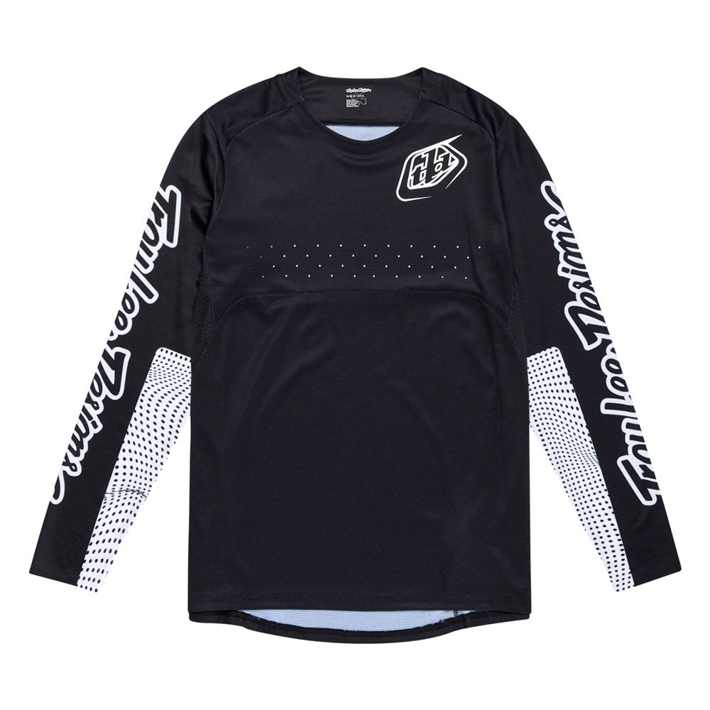 The TLD 25.1 Sprint Jersey / Mono Black is a long-sleeve black jersey with white graphic sleeve text and a prominent chest logo—perfect as a race jersey for any athlete.