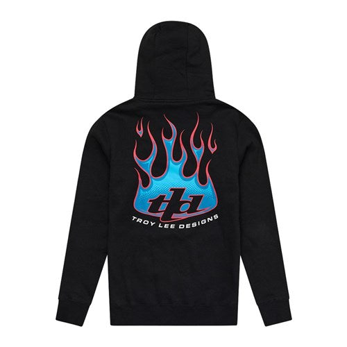 The TLD 25.1 Torched Hoodie, in black, boasts a striking flame graphic with a "TLD" logo on the back and "Troy Lee Designs" text underneath, perfect for chilly winter days.