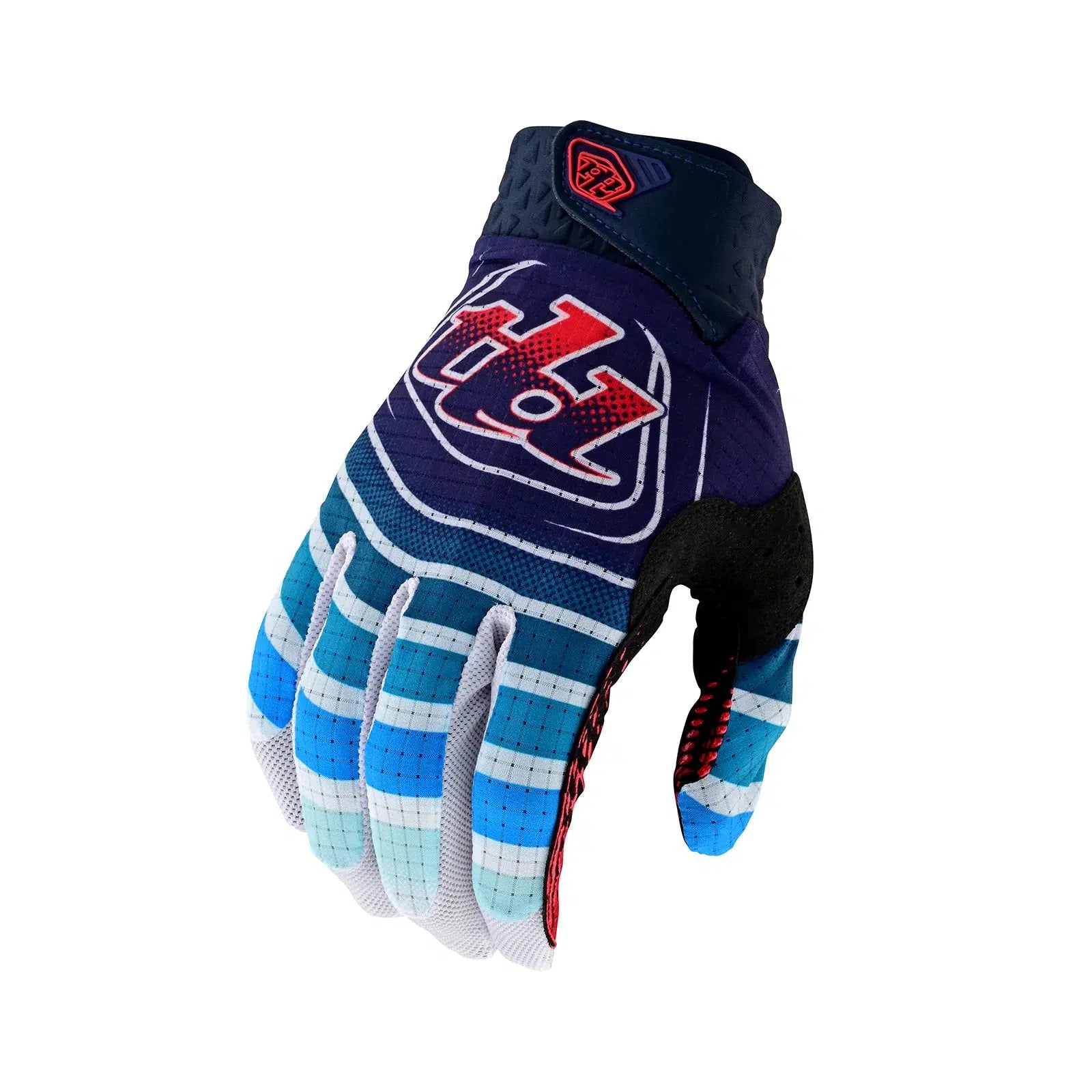 A single TLD Air Glove Wavez Navy/Red with a patterned design, protective padding, and a single-layer perforated palm on a white background.
