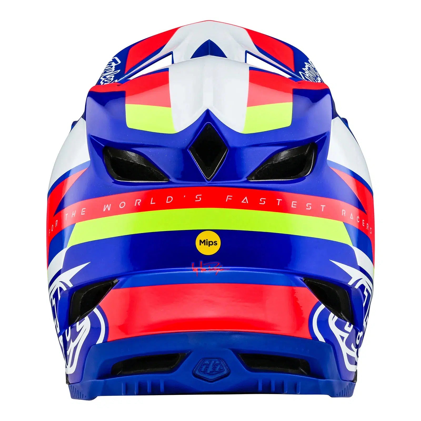 A TLD D4 AS Composite Helmet W/MIPS Omega Blue / White with a red, blue, and yellow design.