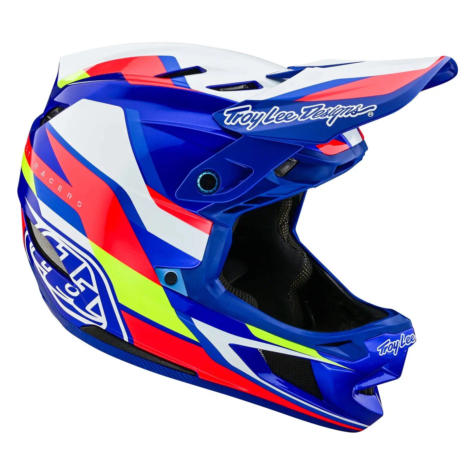 A TLD D4 AS Composite Helmet W/MIPS Omega Blue / White with a red, blue, and yellow design.