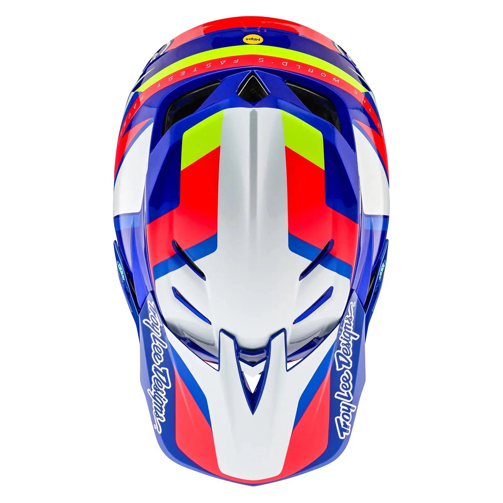 A TLD D4 AS Composite Helmet W/MIPS Omega Blue / White with a red, blue, and yellow design.