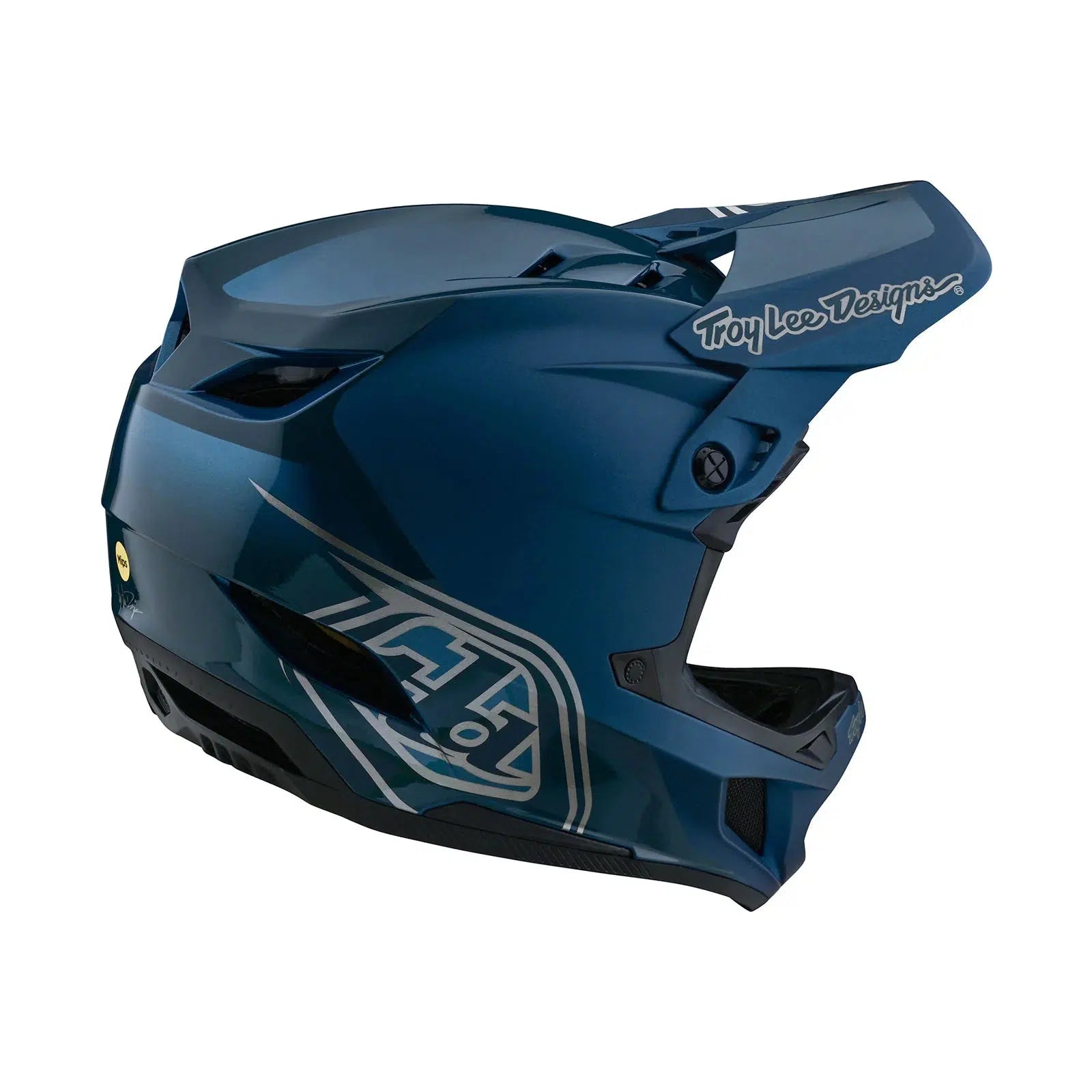 The TLD D4 AS Polyacrylite Helmet W/MIPS Shadow Blue is shown on a white background, emphasizing its safety features.