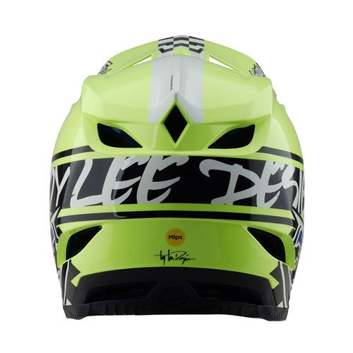 A navy and glo yellow BMX helmet called TLD D4 Polyacrylite (MIPS) features ventilation openings for comfort and MIPS protection for enhanced safety, with "Mips" stylized on the back.