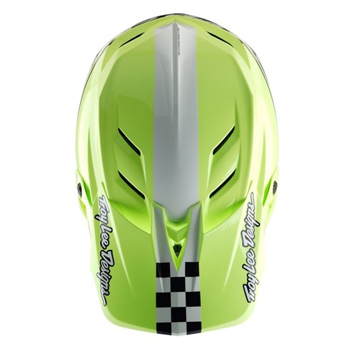 The TLD D4 Polyacrylite Helmet (MIPS) in Fifty-50 Navy/Glo Yellow features a bright green top view with a central white stripe and black checkerboard pattern near the front, displaying "Troy Lee Designs" text for enhanced safety.