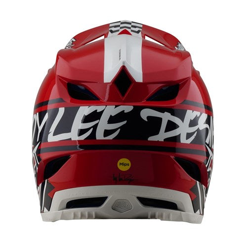 Rear view of the TLD D4 Polyacrylite Helmet in Fifty-50 White/Red, a full face design for downhill BMX, features bold black graphics and "LEE DES" text, equipped with Mips® C2 technology for enhanced safety.