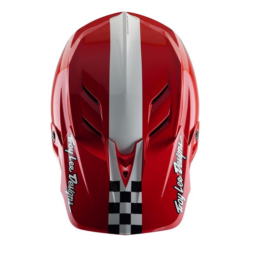 The TLD D4 Polyacrylite Helmet (MIPS) in Fifty-50 White/Red presents a bold black-and-white checkered pattern and "Troy Lee Designs" logos on the sides. Featuring Mips® C2, it's ideal for downhill BMX fans.