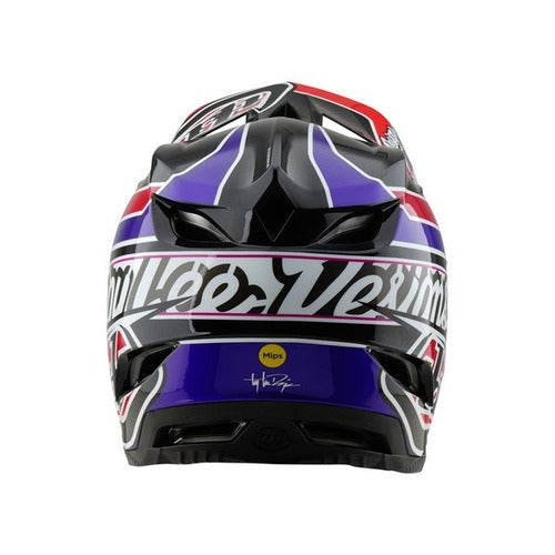 Rear view of the TLD D4 Polyacrylite Helmet (MIPS) in Linear Black, showcasing its vibrant design, sturdy shell, and MIPS brain protection technology decorated with text.