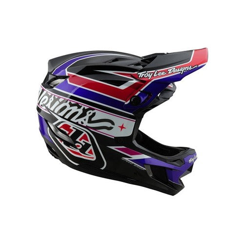 The TLD D4 Polyacrylite Helmet (MIPS) / Linear Black features a vibrant red, black, and purple design with "Troy Lee Designs" text and integrates MIPS brain protection for enhanced safety.