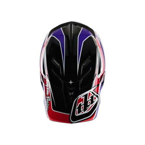 The TLD D4 Polyacrylite Helmet (MIPS) in Linear Black features a vibrant design with red, white, and blue patterns, plus "Troy Lee Designs" on the side. It ensures top-notch safety with Mips Brain Protection.