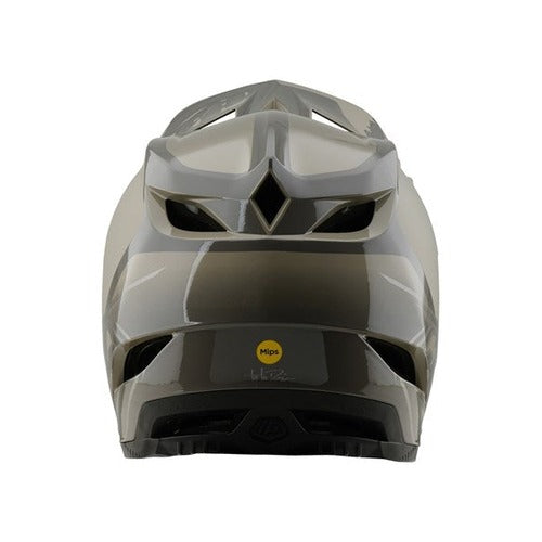 Rear view of the TLD D4 Polyacrylite Helmet (MIPS) in Shadow Timber, featuring ventilation slots and a durable Polyacrylite shell with a yellow MIPS logo for advanced brain protection.