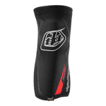 The TLD Speed Knee Sleeve features black protective material with a stylish white and red logo and text on the front, offering excellent impact protection.