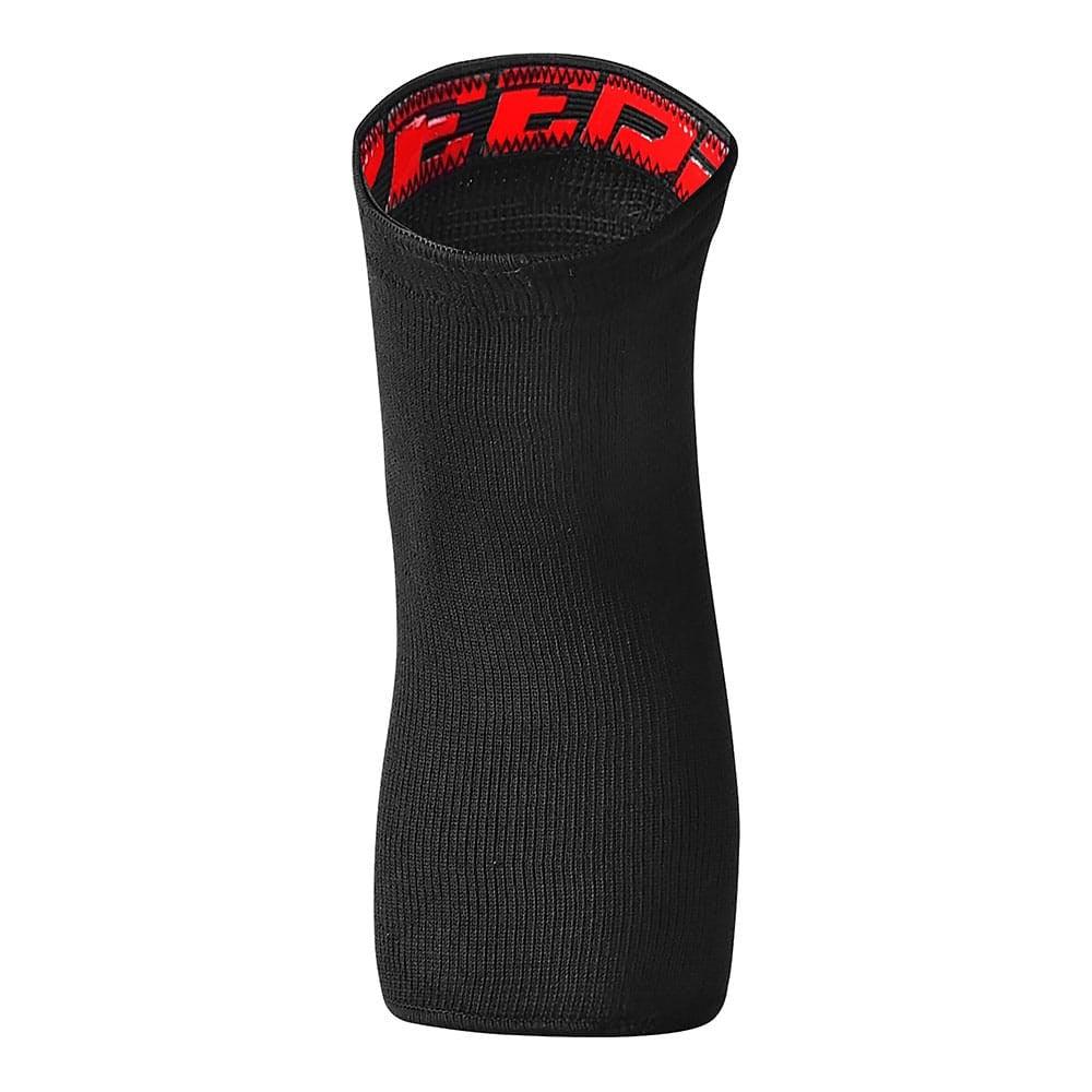 Black elastic knee sleeve with red stitching and "GR" letters on the inner top edge, designed by Troy Lee Designs for enhanced impact protection.