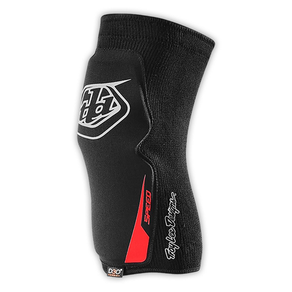 Black and red TLD Speed Knee Sleeve with a logo and the words "Troy Lee Designs" on the side, featuring 4mm D3O material for added protection.