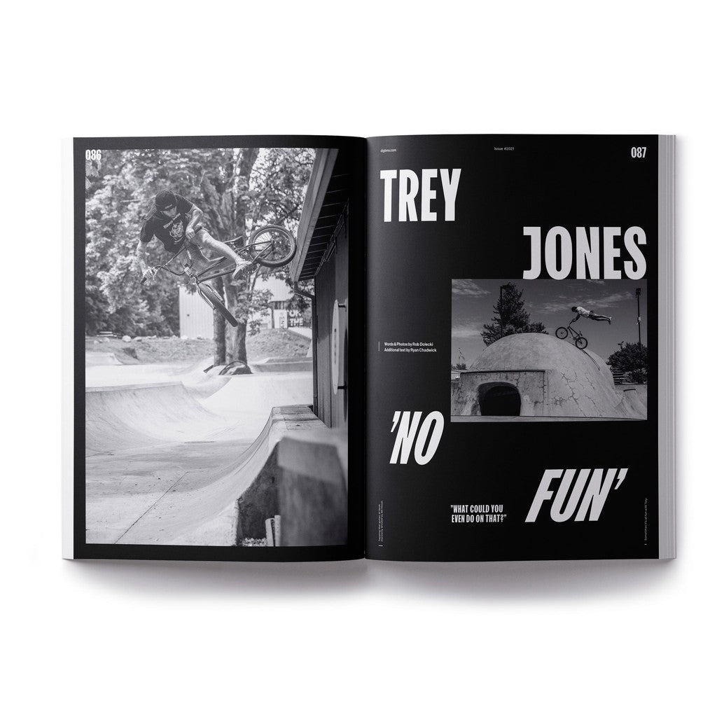 A black and white spread of DIG Book 2021 - Photo Annual featuring a photo of a skateboarder from issue #2021.