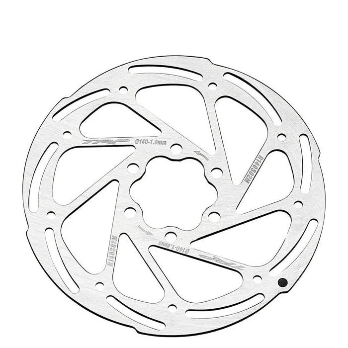 A close-up of a silver TRP Slotted Disc Brake Rotor with multiple cutouts and text indicating specifications such as "140-1.8mm" along with the 6-bolt ISO mounting pattern.