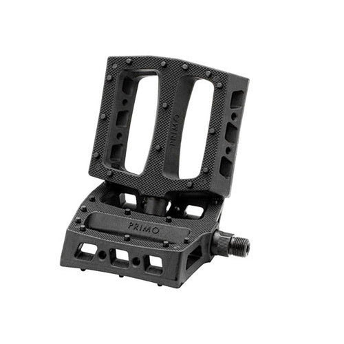 The Primo JJ Palmere Signature Plastic Pedals are black bicycle pedals featuring a rectangular design, textured surface, and multiple cut-outs for optimal grip. Shown at an angle against a white background, these impact-resistant pedals are built for performance and equipped with strong chromoly spindles to ensure enhanced durability on every ride.