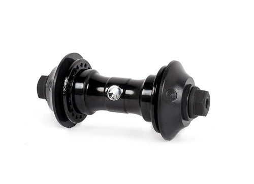 The Shadow Symbol Front Hub features a black finish, flange design for spoke attachment, bolt-on axle, and sealed bearings, shown against a white background.