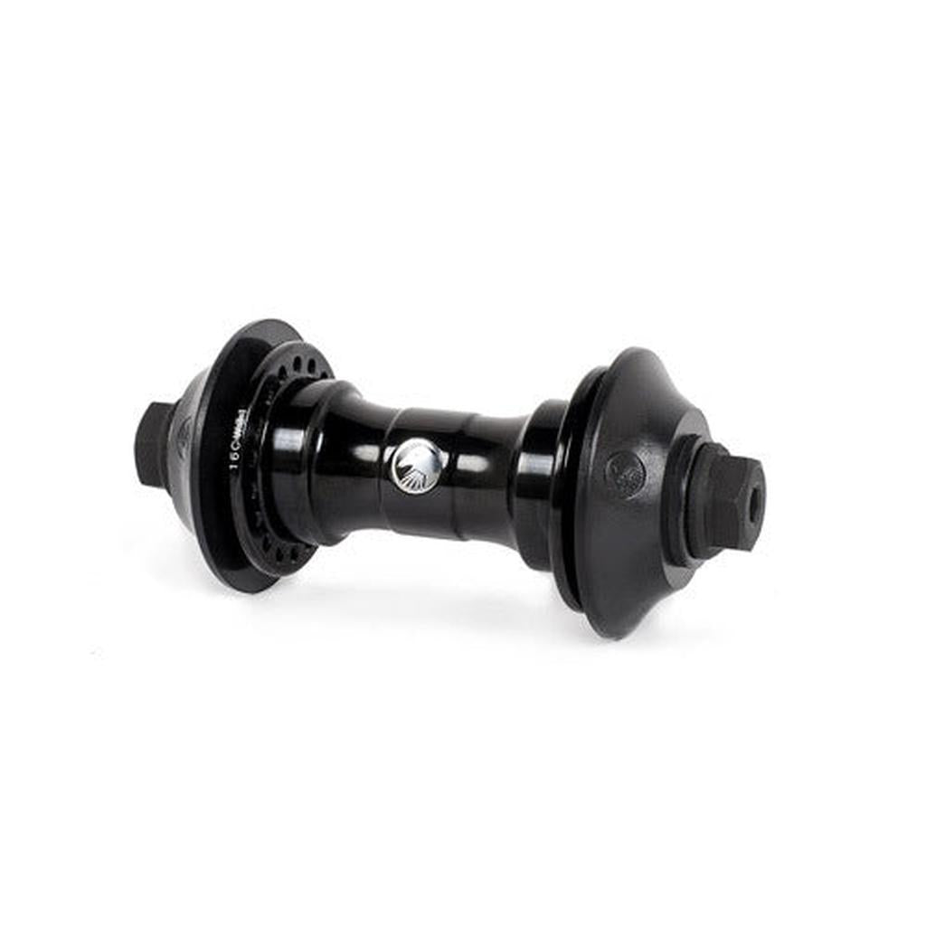 The Shadow Symbol Front Hub features a black finish, flange design for spoke attachment, bolt-on axle, and sealed bearings, shown against a white background.