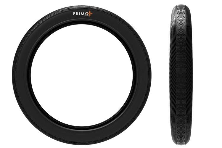 Two views of a black Primo Richter 20 Inch Folding Tyre: one image captures the tyre from the front, while the other showcases its tread pattern from the side. This high-pressure folding tyre delivers durability and performance for demanding rides.