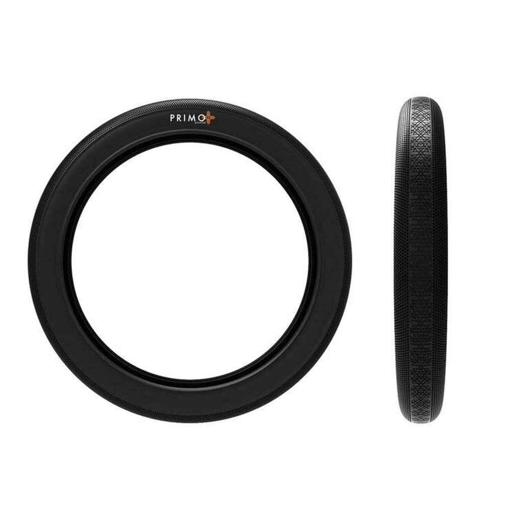 Two views of a black Primo Richter 20 Inch Folding Tyre: one image captures the tyre from the front, while the other showcases its tread pattern from the side. This high-pressure folding tyre delivers durability and performance for demanding rides.