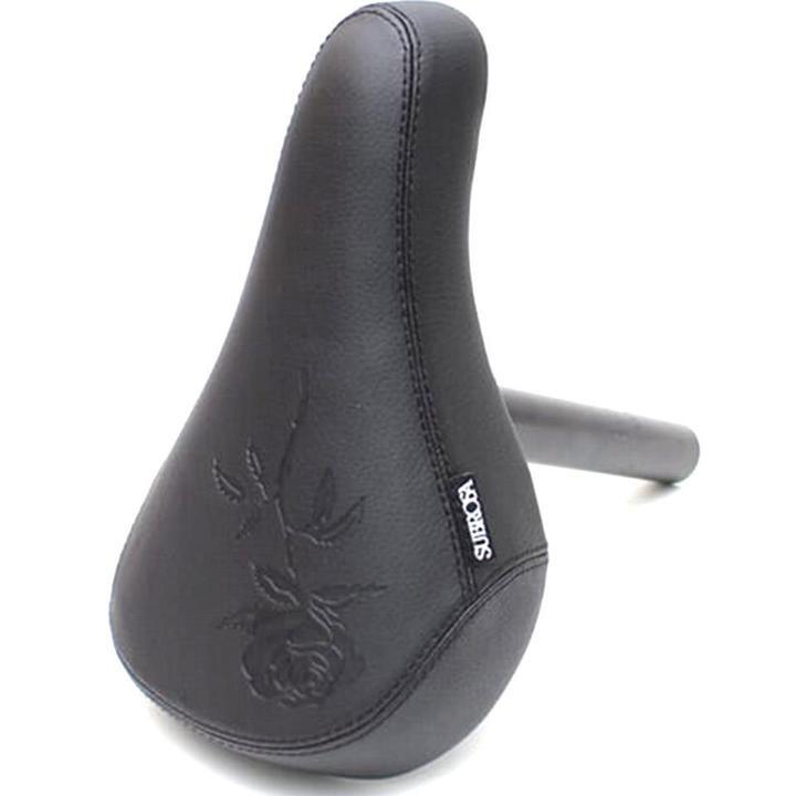 The Subrosa Rose Mid Seat & Post Combo features a black mid design with an embossed rose pattern and visible Subrosa branding—perfectly matched for your ride.