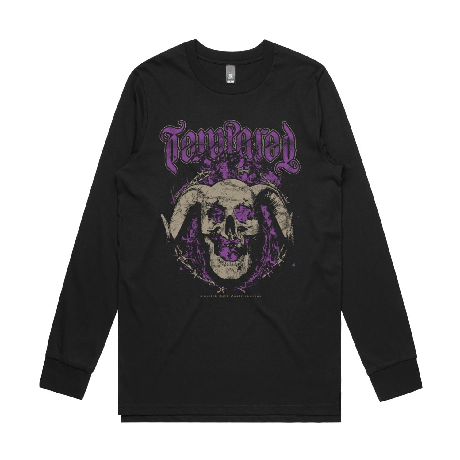 The Tempered Goods Goat Mike Vockenson Long Sleeve T-Shirt features a black base, ram skull graphic with purple accents, and "TAIMANE" in stylized lettering—an epic piece from Micko’s signature LS collection.