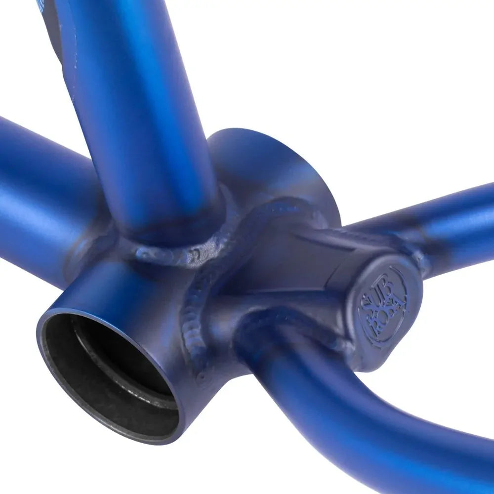 Close-up of a blue Subrosa MRIII Frame (Bjarki Hardarson Colorway) highlighting the welded joints and tubing at the bottom bracket area.