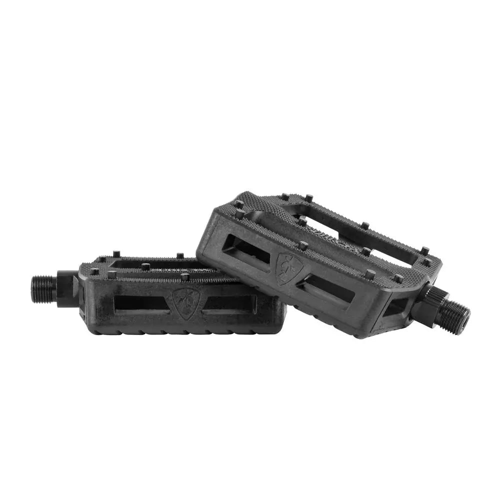 Two black, rectangular Subrosa Rose Plastic Pedals with textured surfaces and threaded axles—one horizontal, one diagonal. Perfect for pedal grinds and reliable BMX performance.