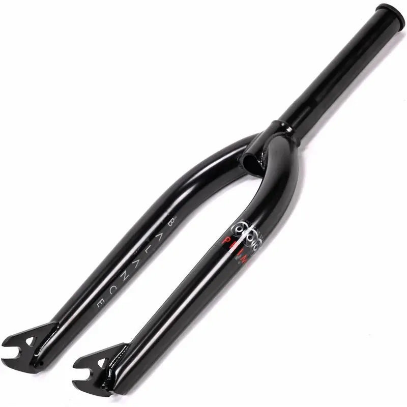The Primo Balance Forks are black BMX street forks featuring “PRIMO” and other branding on the side, constructed from heat-treated chromoly for superior durability; pictured on a white background, the image clearly displays the 25mm offset dropouts and steerer tube.