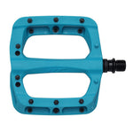 The HT PA03A Pedals feature a blue, nylon-reinforced composite body with replaceable SAP pins for excellent grip, a black spindle, and two large central cutouts.