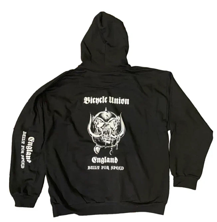 The Bicycle Union Built For Speed Hooded Sweat features "England Built for Speed" text and a skull-with-tusks graphic on the back, with matching text on the left sleeve—a warm hoodie perfect for chilly rides.