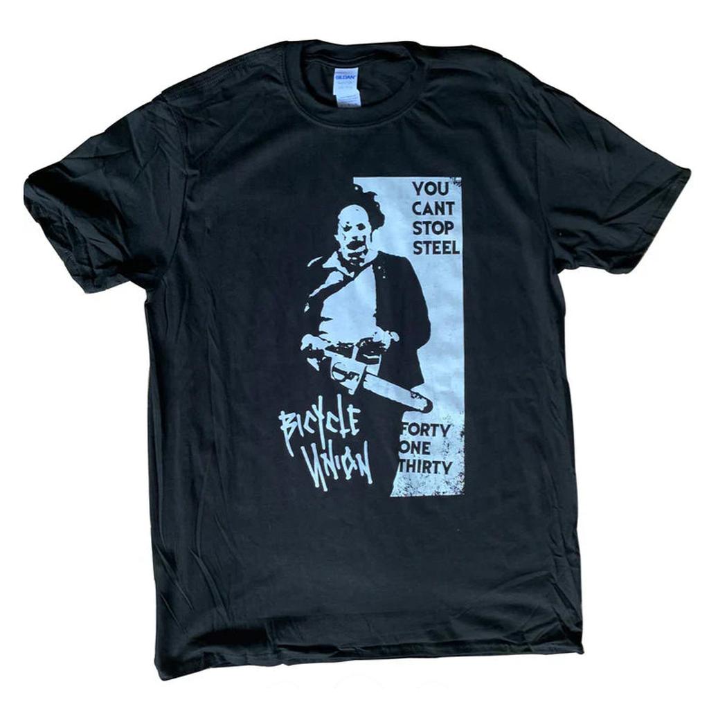 The Bicycle Union 4130 T-Shirt showcases a striking chainsaw graphic and the slogan "You can't stop steel, forty one thirty, Bicycle Union," highlighting the toughness of 4130 metal.