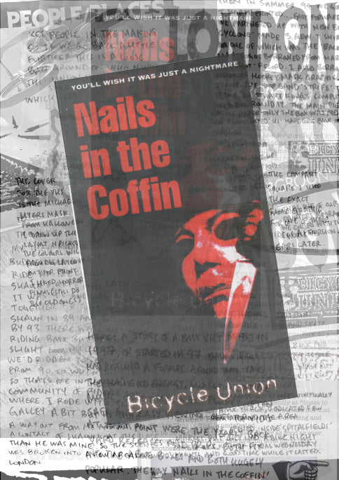 Poster for the horror film "Nails in the Coffin" featuring a stylized devilish face in red against a black background with overlaid text and Union Zine newspaper clippings.