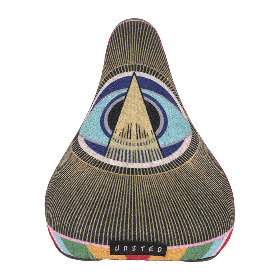 Colorful United Monocle Fat Stealth Pivotal Seat with geometric patterns and the word "united" on the rear, isolated on a white background.