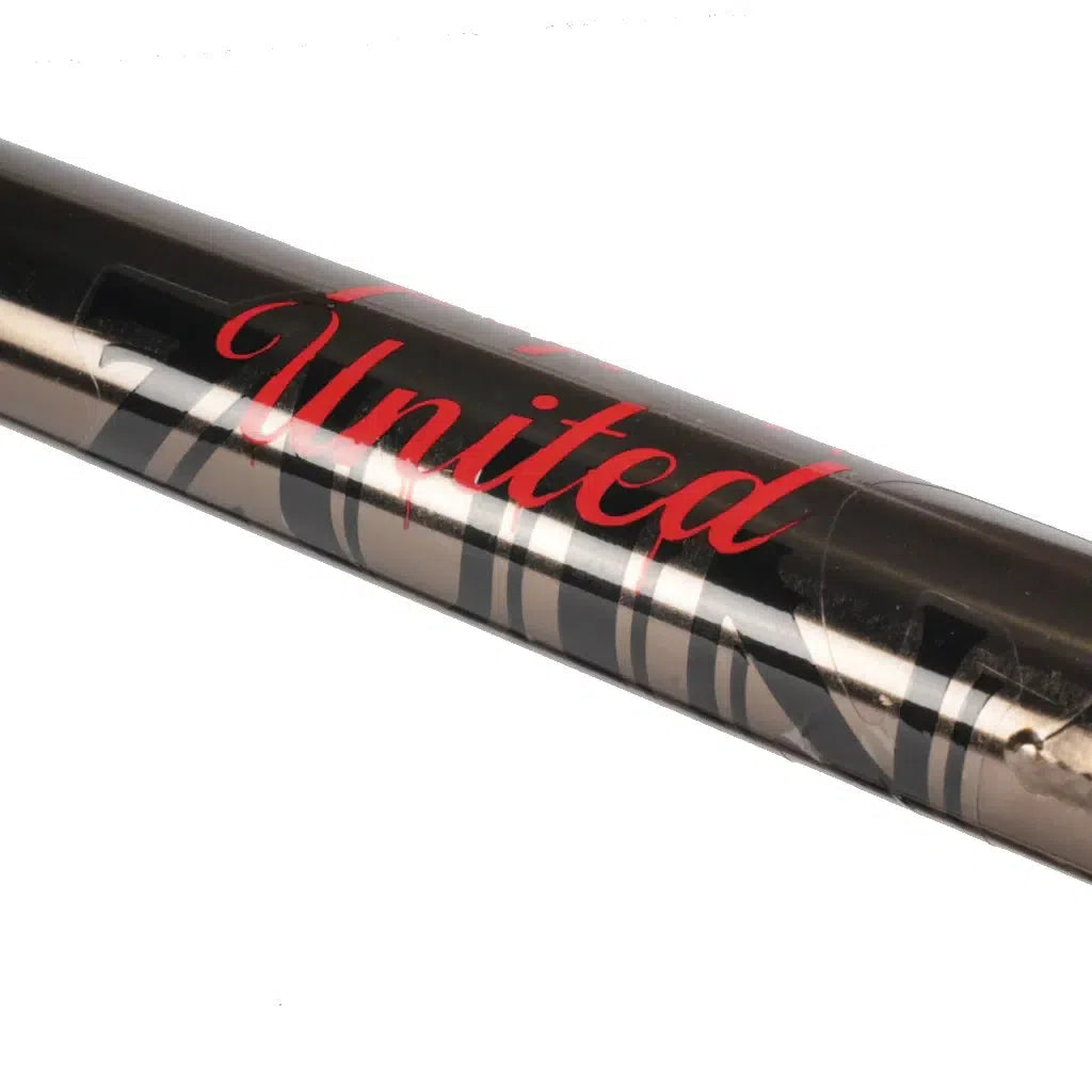 The United Zuin Frame features a sleek black tube with "United" in vibrant red script, echoing the precision of invest cast dropouts.