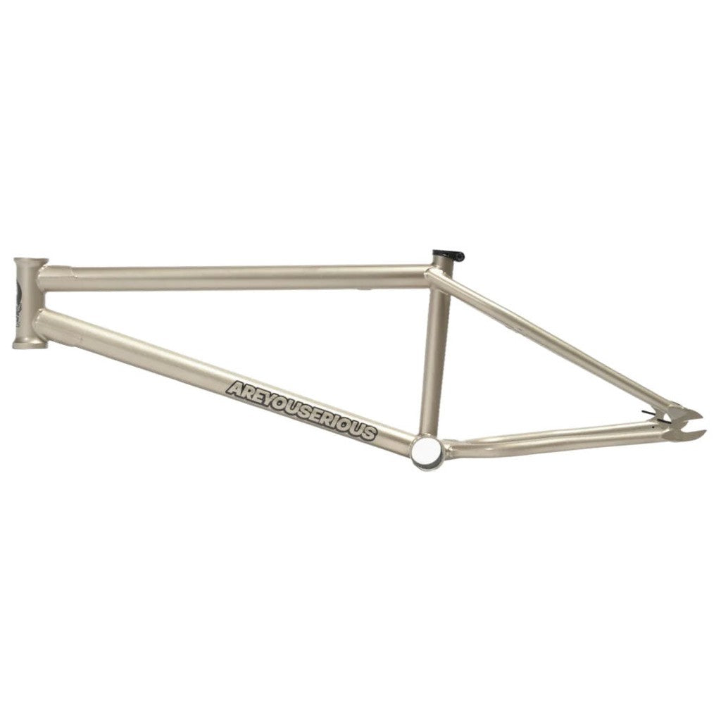 United AYS Martinez Frame in a neutral color with the words "areyouserous" printed on the lower tube, featuring an invest cast wishbone, isolated on a white background.