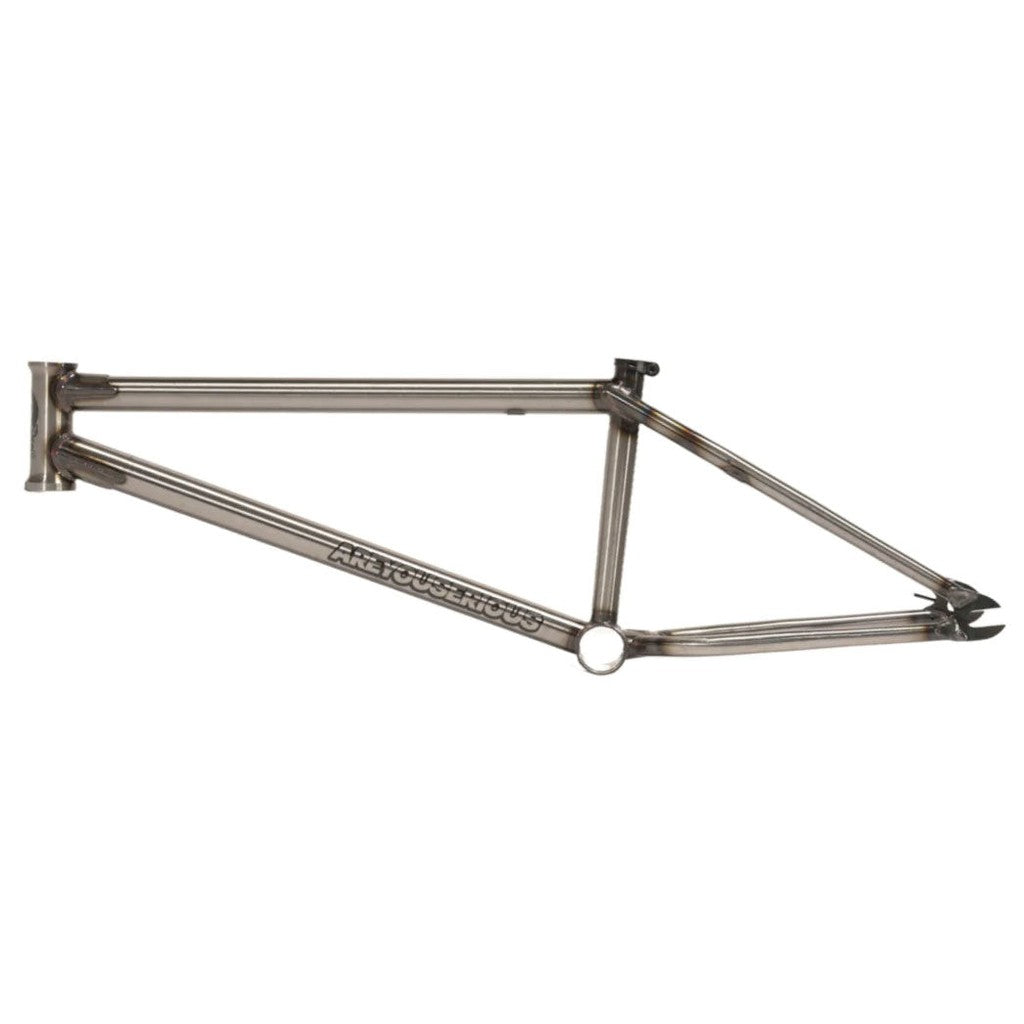 A silver United AYS Martinez Frame BMX bicycle frame isolated on a white background.