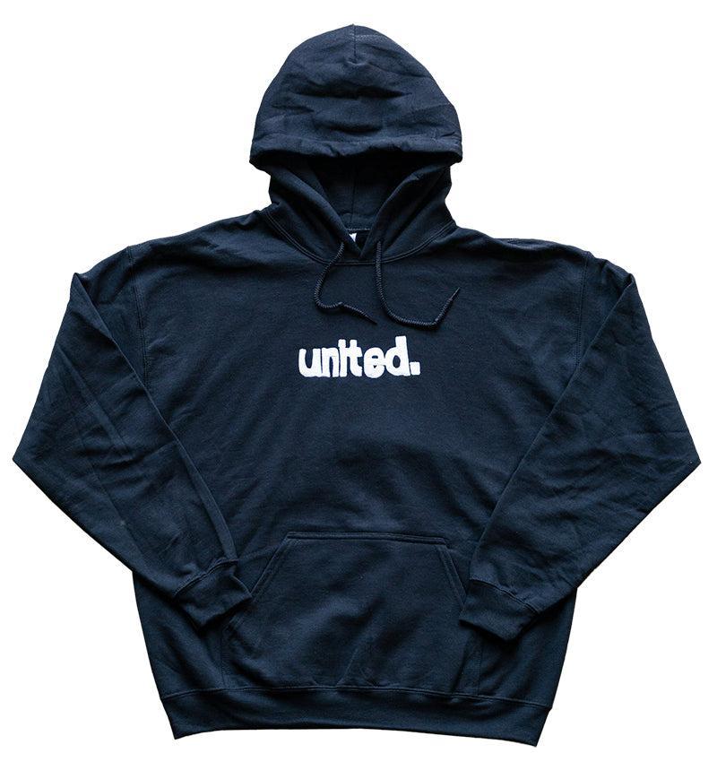 The United Coastin Hooded Sweat is a black sweatshirt from the COASTIN release, featuring "united." in white lowercase letters on the front—a signature piece from United clothing.