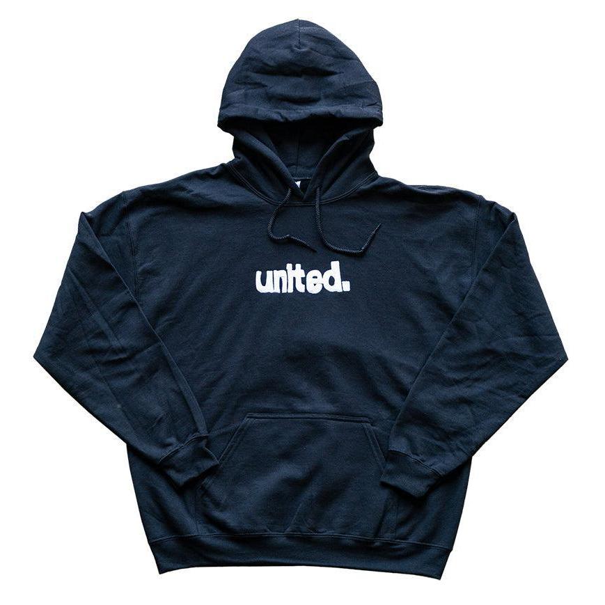 The United Coastin Hooded Sweat is a black sweatshirt from the COASTIN release, featuring "united." in white lowercase letters on the front—a signature piece from United clothing.