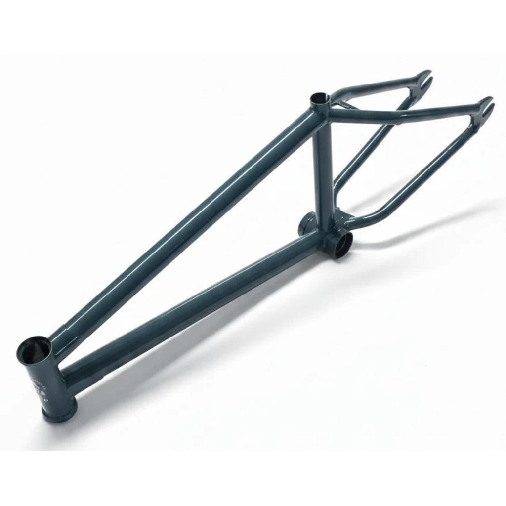 United Pro Model Frame (Marius Dietsche Signature) in a matte blue-gray finish, constructed from premium 4130 Sanko Japanese tubing, photographed on a white background with the top tube, down tube, seat stays, and chain stays clearly visible.