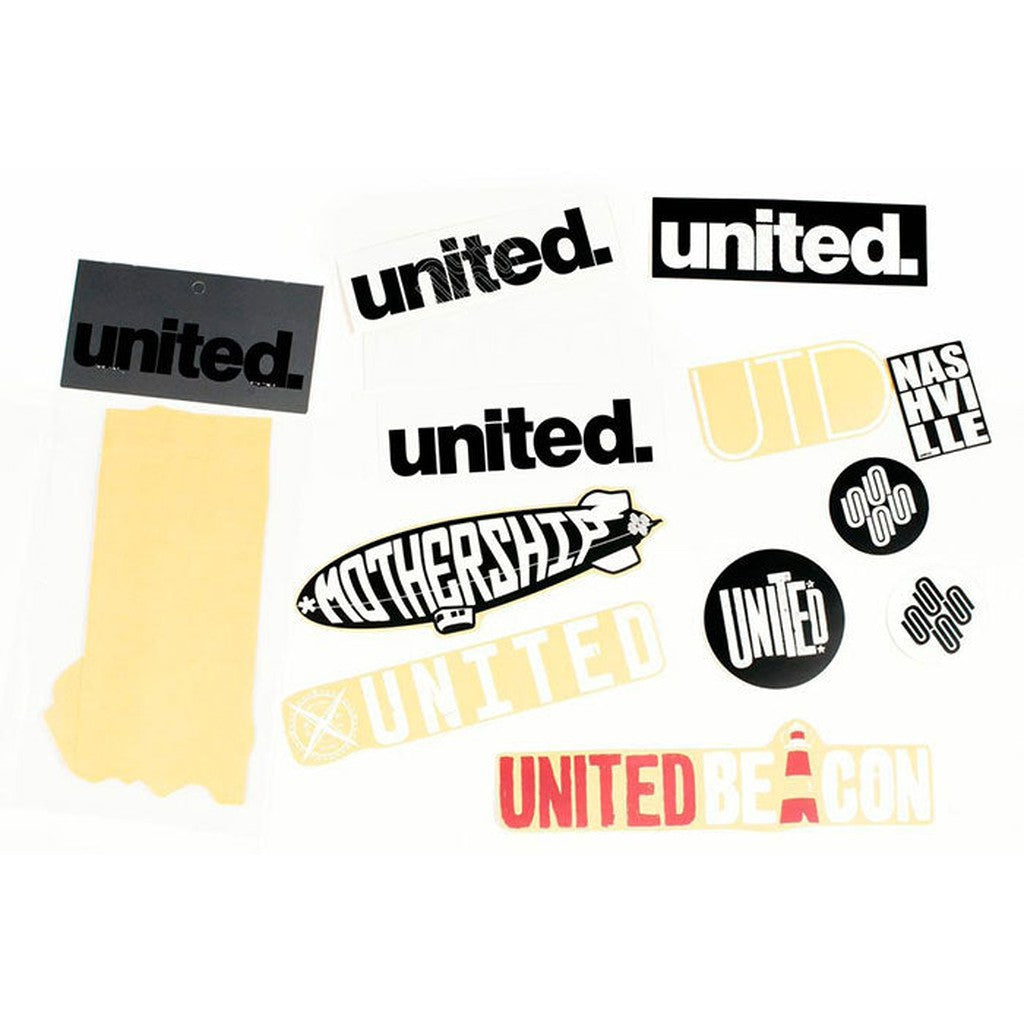 A collection of assorted window stickers with various designs and logos related to the brand "United" is available in the United Sticker Pack.