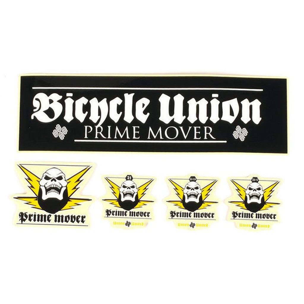 A set of "United Prime Mover frame" stickers, featuring one large rectangular and four smaller diamond-shaped stickers with skull graphics.